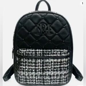 BADGLEY MISCHKA Big Diamond Quilted Black Nylon Backpack with Tweed & St…